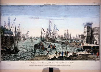 Vista do Porto de Civitavecchia, Cidade no Estado da Igreja, Itália. Vista ótica do século XVIII.