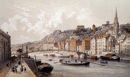 Vista da cidade de Lyon a partir do Quai Tilsitt. Gravura do século XIX. Paris, B.N.