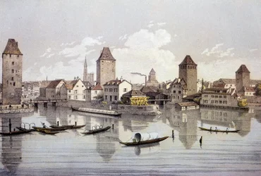 Vista da cidade de Estrasburgo sobre o Reno. Gravura do século XIX em Paris, B.N.
