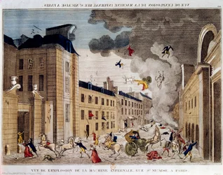 Vista da explosão da máquina infernal da rue Saint Nicaise, em Paris, no 3º nivose e IX. A conspiração da máquina infernal é uma conspiração para matar Napoleão Bonaparte, o novo Primeiro Cônsul após o golpe de Estado de 18 Brumaire. Um em