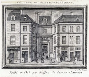 Vista da fachada exterior do Colégio de Plessis Sorbonne (Paris), fundado em 1323 por Geoffroy de Plessis Balisson, utilizado de 1848 a 1849 pela ENA. Gravura preservada no Musee Carnavalet, Paris.