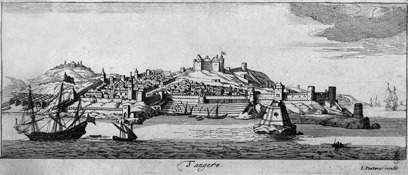 Vista da cidade fortificada de Tânger e da costa, Marrocos. Gravura do século XVIII.
