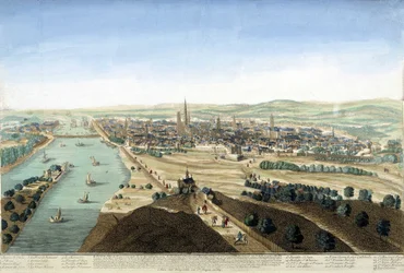Vista do porto e da cidade de Rouen; Gravura do século XVIII.