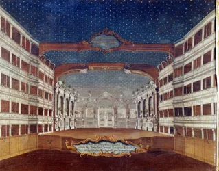 Vista do teatro San Samuele (Samuel) em Veneza destruído pelo fogo em 1747. Desenho do século XVIII.