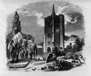 Vista do túmulo do poeta e dramaturgo italiano Ugo Foscolo (1778-1827) no cemitério de Chiswick, em Londres. Gravura do século XIX