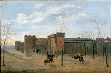 Vista sobre o castelo de Sforza com treino de cavalaria (pintura