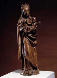 Escultura de madeira virgem e infantil do século XIV. Feita no norte da França. Musee Vivenel, Compiegne