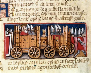 Máquinas de guerra, precursoras do tanque, utilizadas por Carlos Magno contra os Mouros de Espanha - em «A entrada em Espanha», manuscrito do século XIV. Biblioteca Marciana, Veneza.