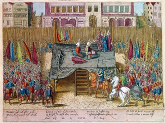 Guerra dos Noventa Anos: A Decolação de Lamoral, Conde de Egmont, Príncipe de Gavre (1522-1568), político holandês. Foi condenado no quadro do Conseil des troubles (ou conselho de sangue) estabelecido pelo Duque de Alba. Gravura. Paris B.N.