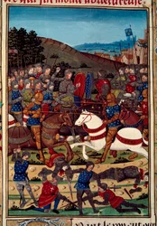 Guerra da Liga do Bem Público (ou revolta dos nobres): a batalha de Montlhery em 16/07/1465 entre Luís XI (1423-1483) e Carlos, Conde de Charolais (futuro Carlos o Temerário) (1433-1477). Miniatura iluminada a partir do manuscrito "Vigiles du r