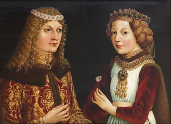 Retrato de casamento de Ladislau o Posthumous (Ladislas de Habsbourg dit le Posthume) (1440-1457) e Magdalena de Valois (Madeleine de France ou de Valois) (1443-1495) - Anónimo - 1457 - Óleo sobre madeira - 38,5x52 - Szepmuveszeti Muzeum, Budapeste