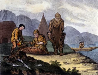 Esquimós da costa oeste da Gronelândia. Litografia do início do século XIX