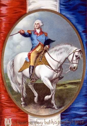 Que não conhecia nenhuma glória a não ser o bem do seu país: George Washington (1732 - 1799) cavalgando em medalhão nas costas da bandeira francesa. Cromolitógrafo do século XIX.