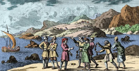 Feitiçaria e crenças: Finlandês e Sami provocando uma tempestade pela magia de três nós. Gravura de "Mundi Mirabilis Oeconomia" de Johann Zahn (1631-1707)