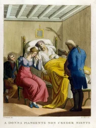 "Lágrimas de mulher, fonte de malícia. Ver uma mulher a chorar." Gravura do século XVIII a ilustrar uma série de provérbios.