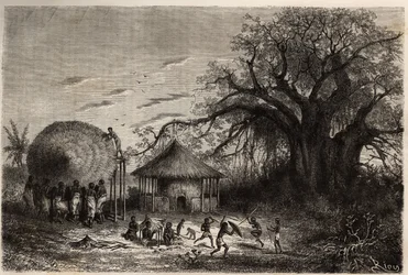 Mulheres das margens do Zambeze acenando cabanas e em primeiro plano, brincadeiras de crianças. Gravura para ilustrar as primeiras viagens do Dr. Livingstone à África Austral de 1840 a 1856, na "Le tour du monde, nouveau journal des voyages" publicada sob 