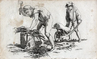 Lenhadores fazendo fardos de madeira e homens carregando fardos em um carrinho de mão. Gravura de fim do século XVIII. Colecção privada.