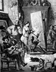 Oficina de um pintor no século XIX. Alguns tocam música, outros fumam enquanto o pintor desenha. Gravura do século XIX