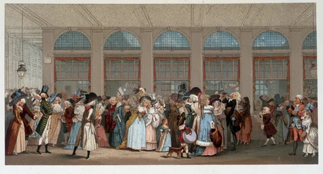 Caminhada mundial na galeria de madeira do Palais Royal, final do século XVIII - chromo após a gravura de Debucourt