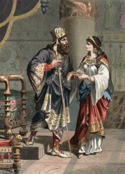 Xerxes I, rei aqueménida da Pérsia (519-465 a.C.), com a sua esposa Amestris. Gravura de 1881 em «El Culto de la Hermosura», de Juan Justo Huguet, Molinas Hermanos Editores