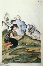 Jovem pastora indígena que dá à luz na natureza, do livro "Trujillo del Peru" ou "Códice Martínez Compañón", de Baltazar Martinez Compañón y Bujanda, bispo de Trujillo (1782-1785)