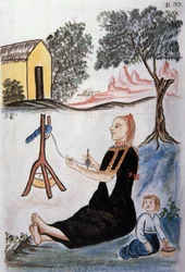 Jovem mulher indiana fiando lã, do livro "Trujillo del Peru" ou "Códice Martínez Compañón", de Baltazar Martinez Compañón y Bujanda, bispo de Trujillo (1782-1785)