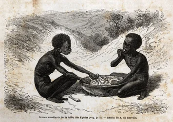 Jovens mendigos da tribo Kychi (localizada na região do Alto Nilo) que tomam uma troca de refeições por alguns maços. Gravura para ilustrar a viagem ao Lago Albert