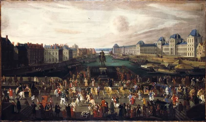 A Pont Neuf, vista da entrada da Place Dauphine, o Quai Malaquais com o Collège des Quatre-Nations em construção, a Grande Galerie e o Louvre, por volta de 1665. Passagem de um cortejo pela ponte, entre 1665 e 1669