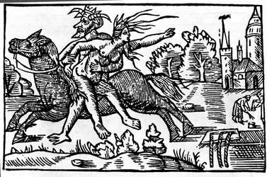 o diabo tira uma bruxa de um cavalo e leva-a para o inferno. Xilogravura do século XVI