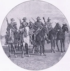 Boers armados com espingardas e guarda-chuvas, de After Pretoria: The Guerilla War publicado pela Harmsworth Bros Limited
