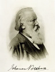 Retrato de Johannes Brahms (1833 - 1897), compositor alemão numa fotografia de autógrafo.