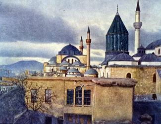 Vista do Mausoléu de Mevlana em Konya (Turquia). Mevlana Celaleddin Rumi é o fundador da Ordem dos Dervixes Giratórios. Autocromo