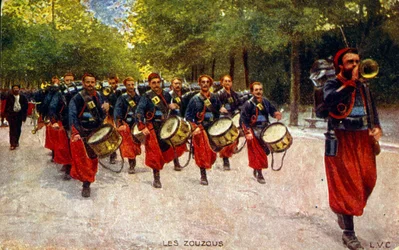 Postal de propaganda da Primeira Guerra Mundial, cerca de 1916, mostrando soldados Zouaves do Norte de África