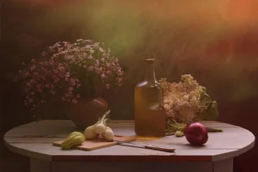 Mesa da colheita com flores