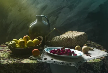 Natureza morta rústica com frutas