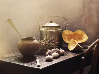 Natureza morta numa cozinha rústica
