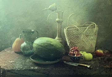 Natureza morta rústica com melão