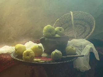 Natureza morta rústica com marmelos