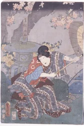 Ohatsu Fighting Iwafuji (impressão em bloco de madeira a cores)