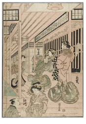 Cena do Shin Yoshiwara (Tríptico). Interior de bordel no bairro de Yoshiwara com cortesãs e clientes, c.1830-1843 (xilogravura sobre papel)