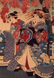 Duas Mulheres num Jardim de Flores, de Utagawa Kunisada, técnica de xilogravura, crepom