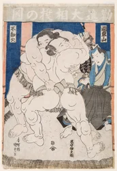Combat de lutteurs de sumo. Estampe de Utagawa Kunisada (1786-1865) - Lutadores de Sumô em Ação, de Kunisada (Toyokuni III), Utagawa (1786-1865). Lenhador colorido. Dimensão : 37,5x26 cm. Colecção Particular