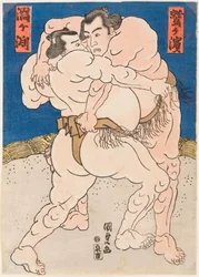 Combat des lutteurs de sumo Uzugafuchi et Washigahama. Estampe de Utagawa Kunisada (1786-1865), vers 1830 - Jogo de luta livre Uzugafuchi vs Washigahama, de Kunisada (Toyokuni III), Utagawa (1786-1865). Lenhador a cores, c. 1830, dimensão : 37x26 cm. Priva