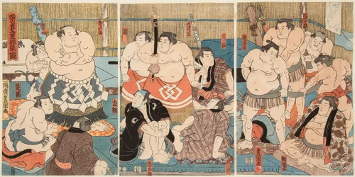 Luta dos lutadores de sumo Shitaky Beya e Hidenoyama. Impresso por Utagawa Kunisada (1786-1865)