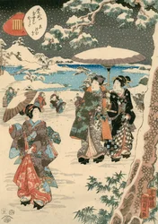 Figuras com Chapéus-de-sol na neve (Uma cena de The Tale of Genji) (xilogravura a cores sobre papel)