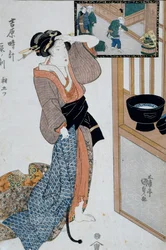 Hora do tigre, sétima hora da manhã, Ca 1818, estampa de arte Ukiyo-e de Utagawa Kunisada (1786-1865) de As doze horas em Yoshiwara, lenhador Oban-tate-e, 37x24,9 cm, civilização japonesa