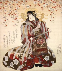 Iwai Kumesaburo II como Agemaki em Sukeroku yukari no Edo zakura c.1830 (impressão em bloco de madeira colorida)
