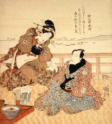 Onoe Kikugoro III tomando chá em Shinagawa, c.1825 (impressão em bloco de madeira colorida) (ver também 282741)