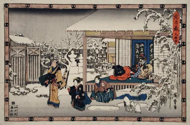 Ato IX: o suicídio de Honzō perante a sua família; Yuranosuke, vestido como um komusō, prepara-se para atacar Moronao