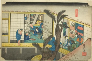 Akasaka: Garçonetes em uma pousada (Akasaka, ryosha shofu no zu), da série "Cinquenta e três estações do Tokaido (Tokaido gojusan tsugi no uchi)", também conhecido como Hoeido Tokaido